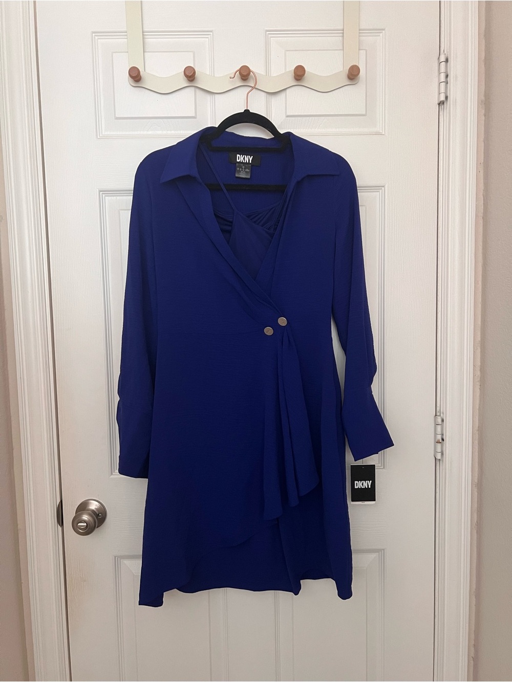 DKNY Cobalt Blue Faux-Wrap Long Sleeve Dress